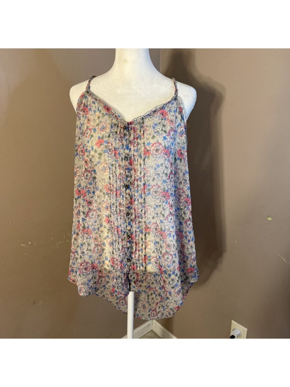 Aerie Sheer Tank Blouse Button Up Pleats Lt Gray Blue/Pink Floral Adj Straps Lrg